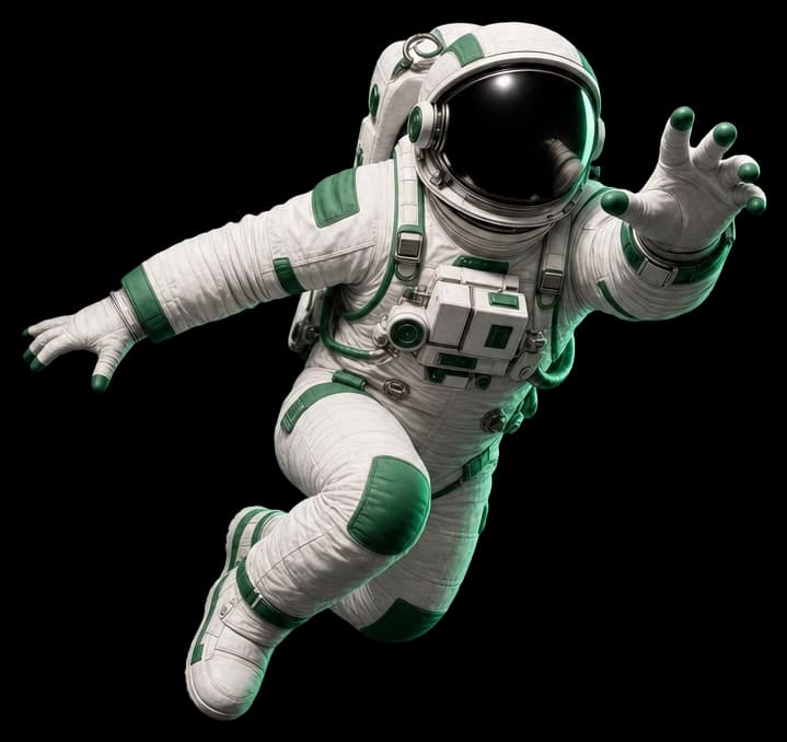 Kosmonauta w białym skafandrze z zielonymi detalami